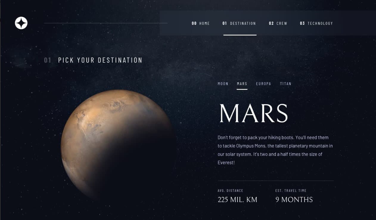 Space tourism website Screenshot