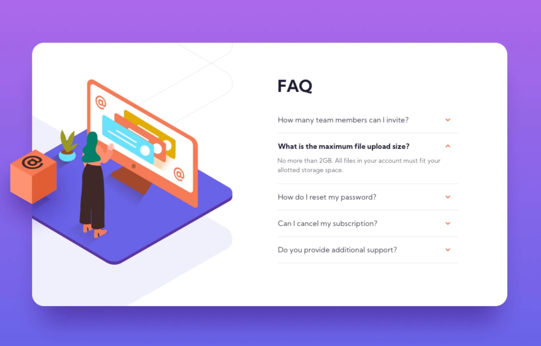 Image showing the FAQ section of website with dropdown to show details. This was a challenge from Frontend Mentor.