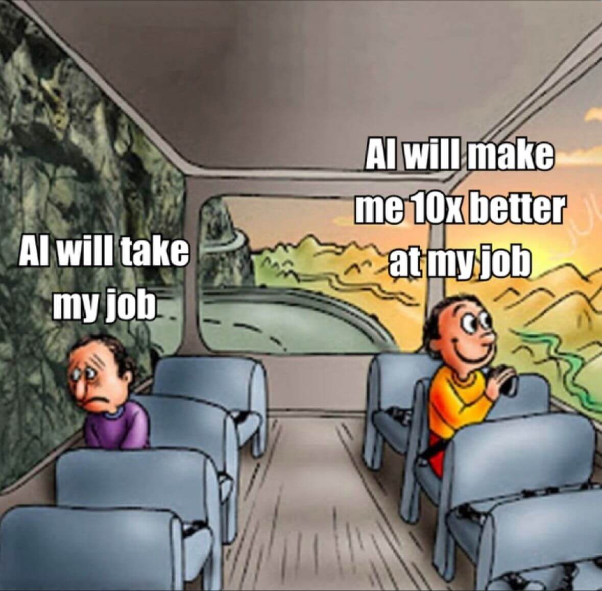 The popular meme showing two people in the same bus but with different perspectives.